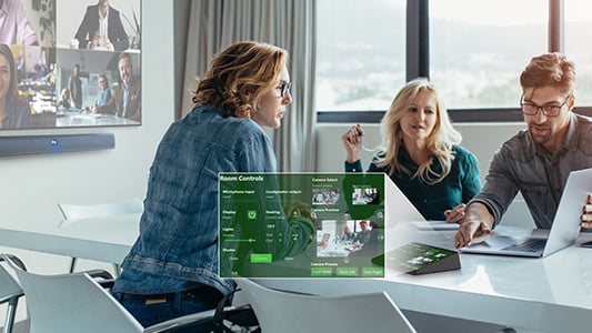 Three employees conducting a conference call with an touch screen user interface enlarged for illustration